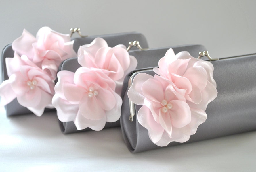 Set of 5 Small Bridesmaids clutches / Wedding clutch - Gray and Pale Pink - CUSTOM COLOR