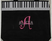 Pretty 'n Pink PIANO personalized music lesson book bag kids back to school bag black canvas tote embroidery recital birthday gift idea