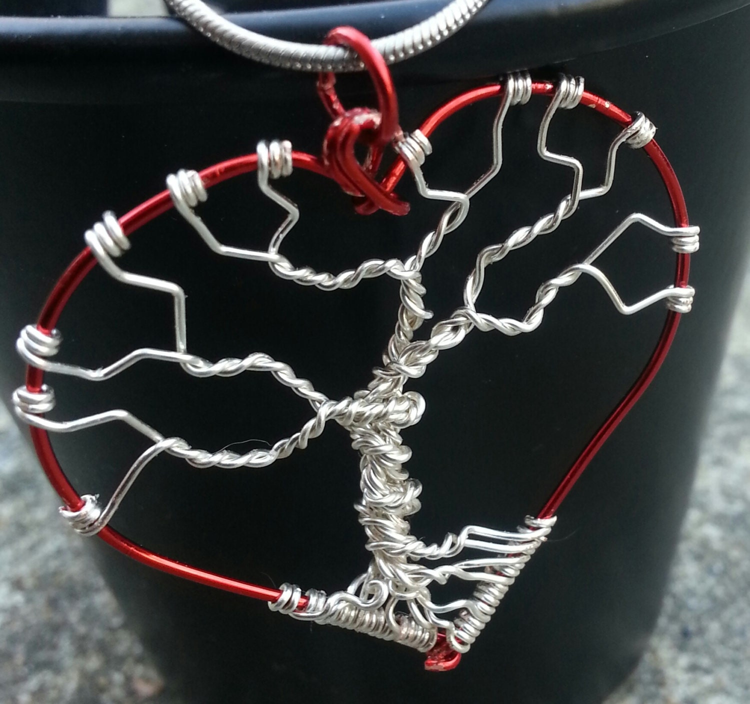Red and Silver Heart tree of life Necklace