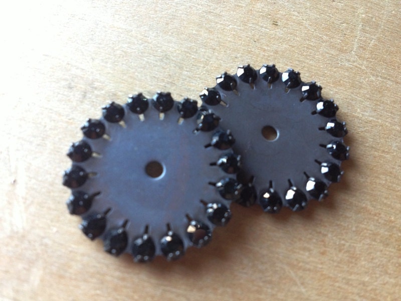 Vintage Rhinestone Jet Swarovski Steampunk Circle Gear Flower Cog lot of 2