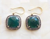 Luxurious Faceted Green Onyx & White Topaz Pave Vermeil Drop Dangle Earrings (E1210)