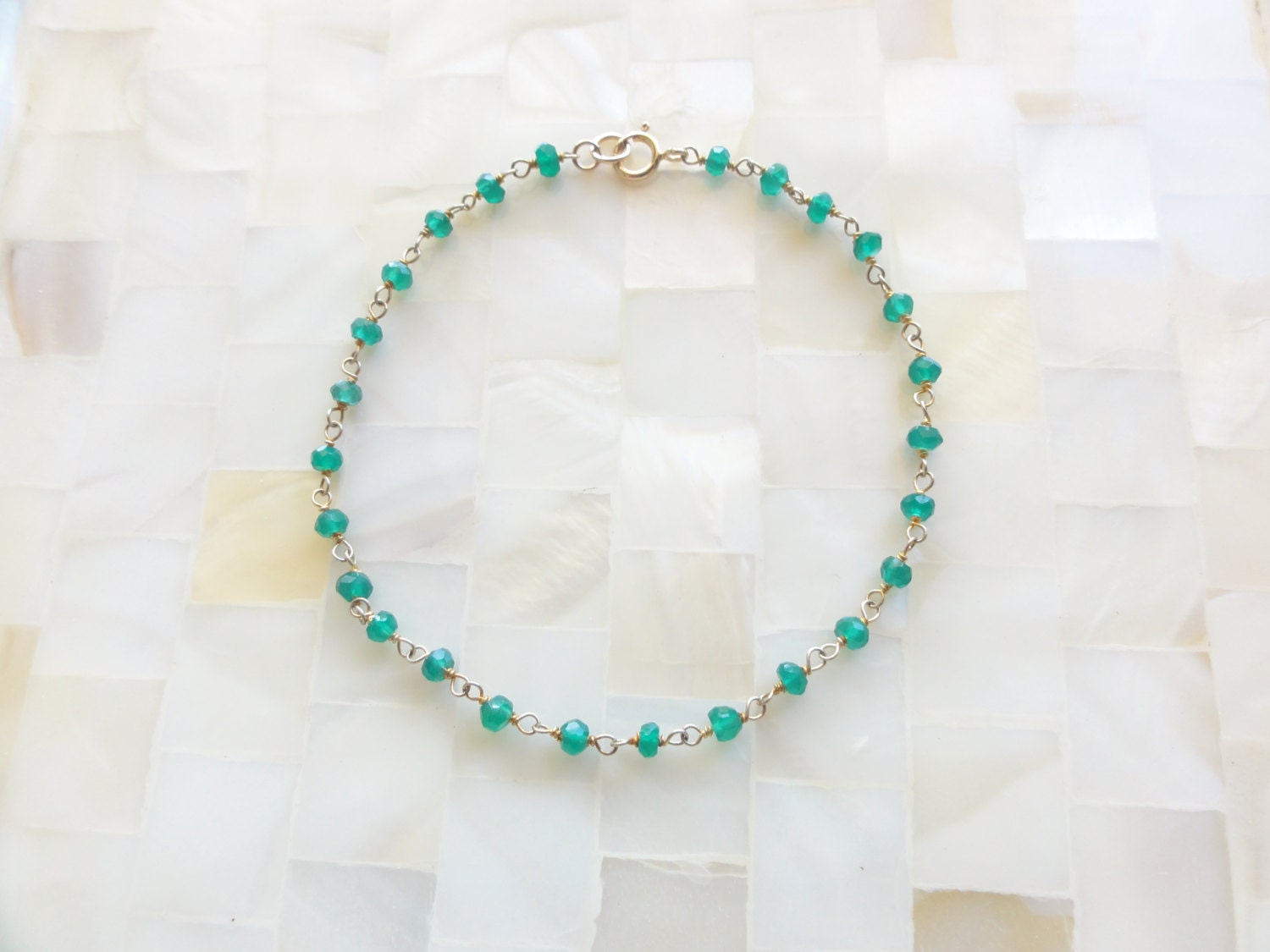 Faceted Green Onyx Rondelle Vermeil Wire Wrapped Chain Bracelet (B1104)