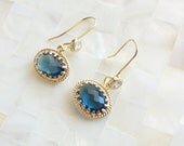 Sapphire Blue Glass Dangles on Gold Crystal Earwire Earrings (E1230)