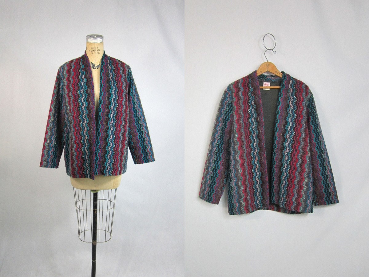 70s Rainbow Sweater Top . Open Front Technicolor Striped Blazer . Large XL