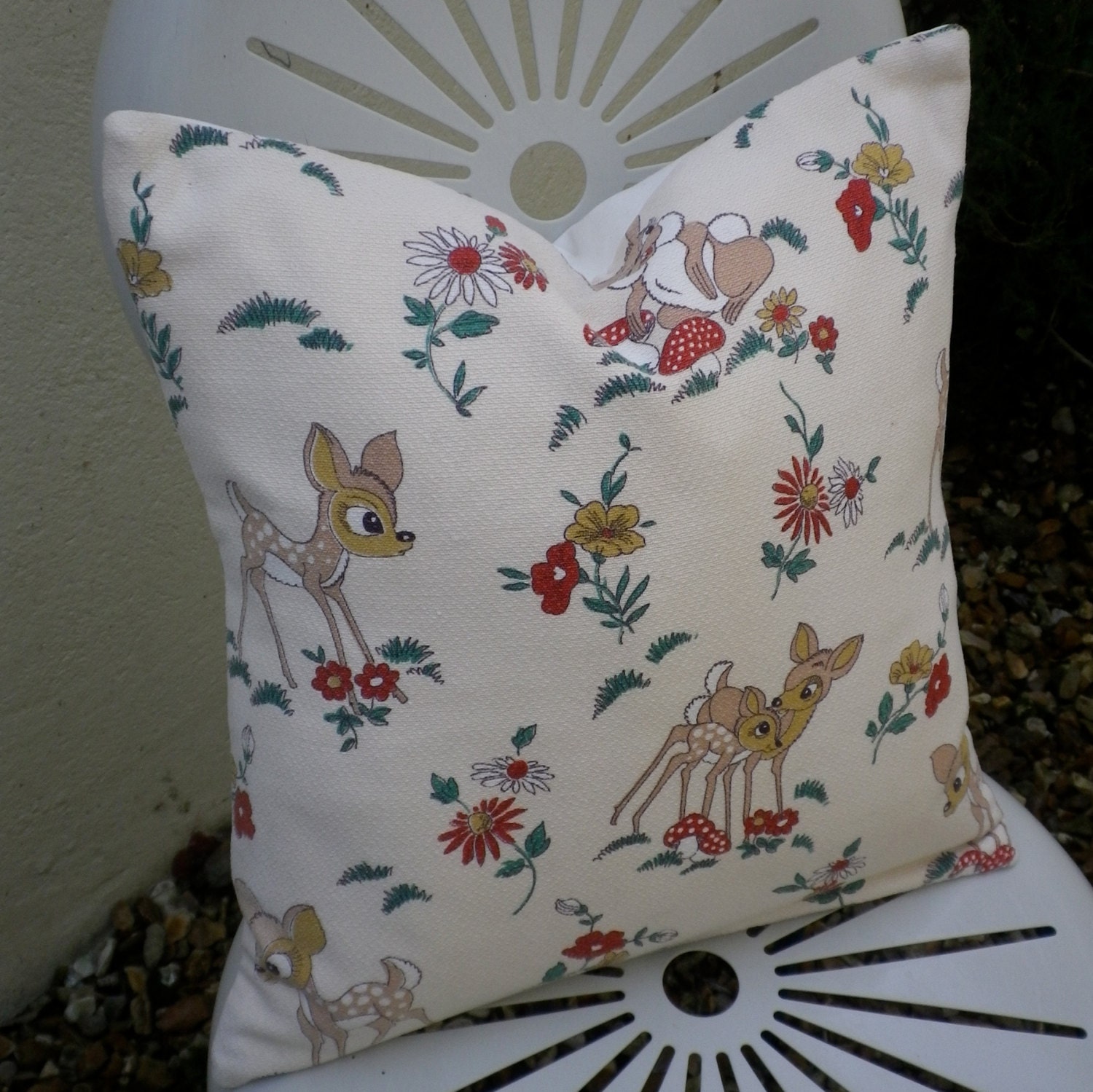 Vintage 1950s Bambi & Thumper Barkcloth Fabric Cushion Pillow