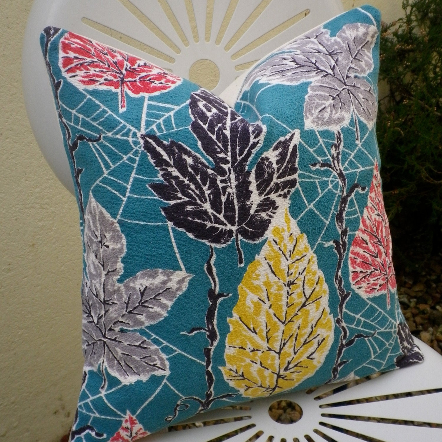 Vintage 1950s Botanical Barkcloth Teal Leaf Fabric Cushion Pillow