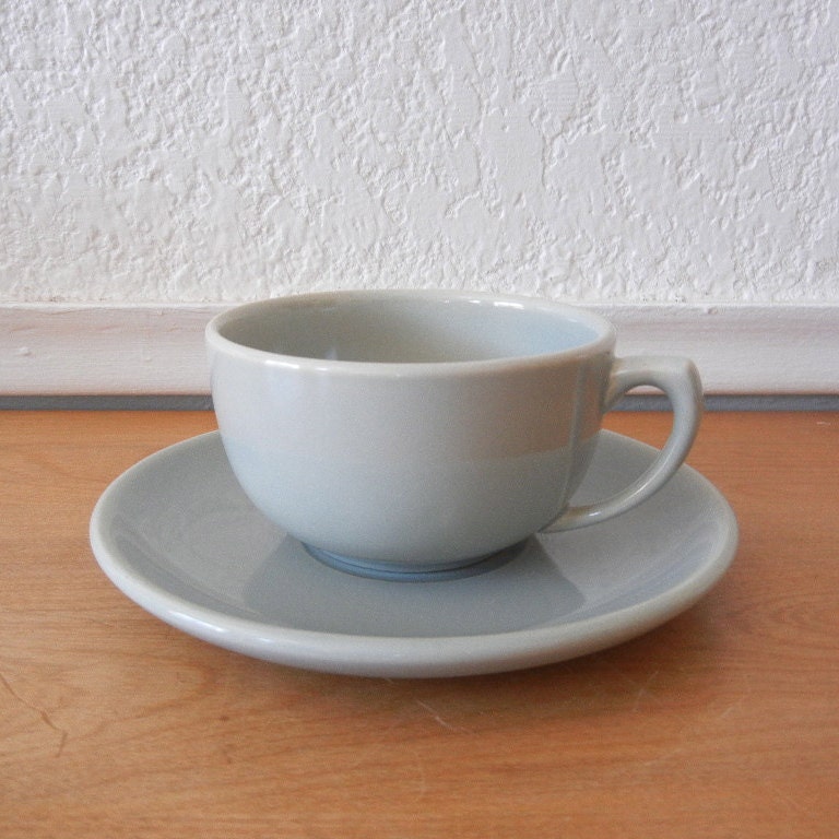 Vintage Bauer Pottery, Cup and Saucer, Monterey Moderne, Delph Light Blue