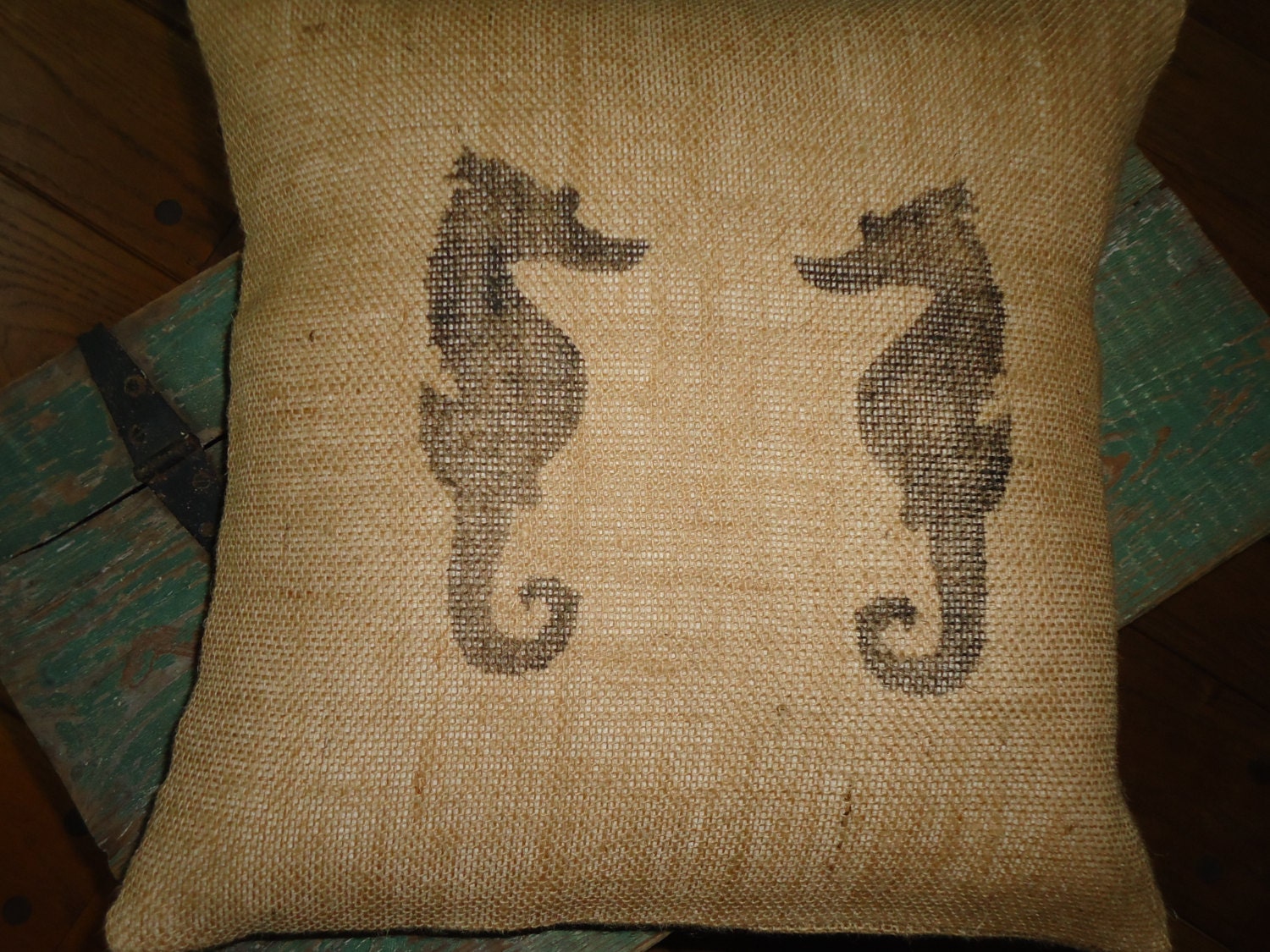 Seahorse - Burlap Feed Sack Pillow - Stallion of the Sea - Nautical Pillow Cover