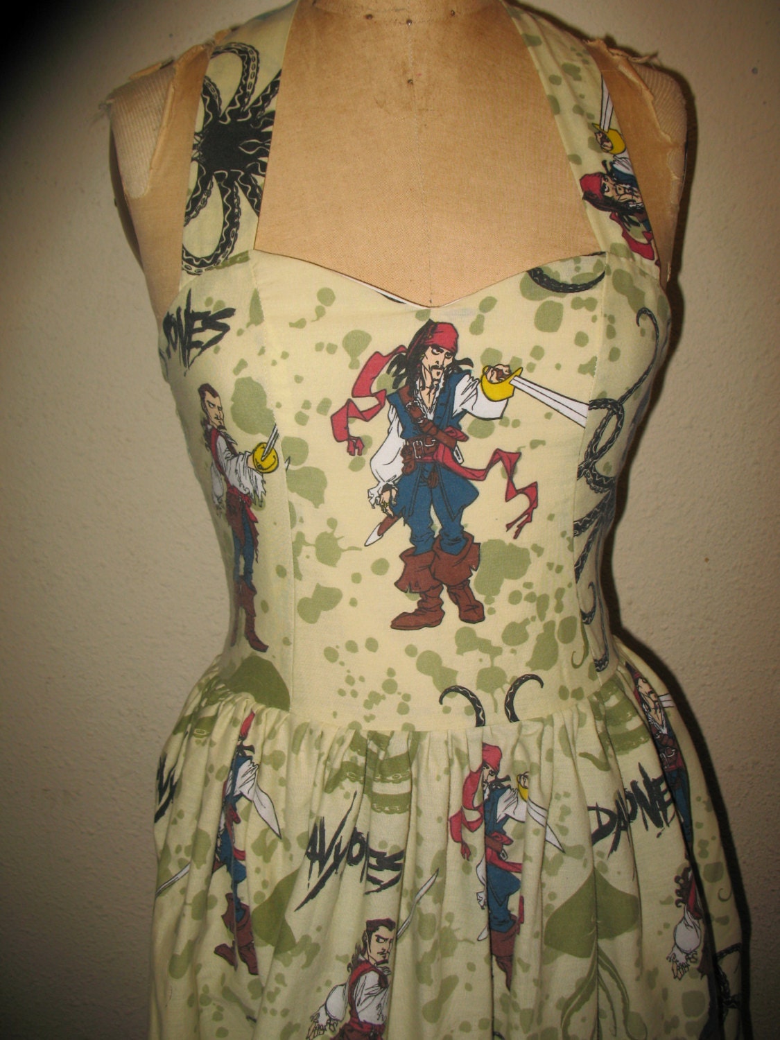 Custom Made to Order Pirates of the Caribbean Arg Jack Sparrow Beware the Kraken Davey Jones Geekery Pin Up SweetHeart Halter Ruffled Dress