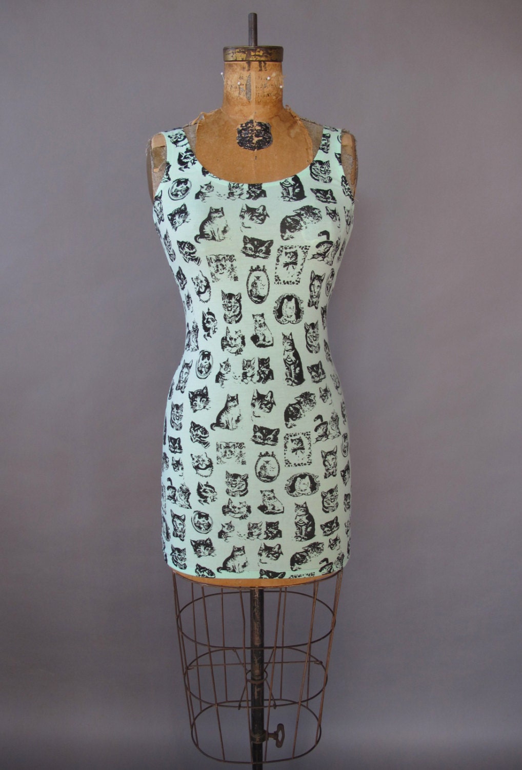 Mint Cute Cat Mini Dress. Medium