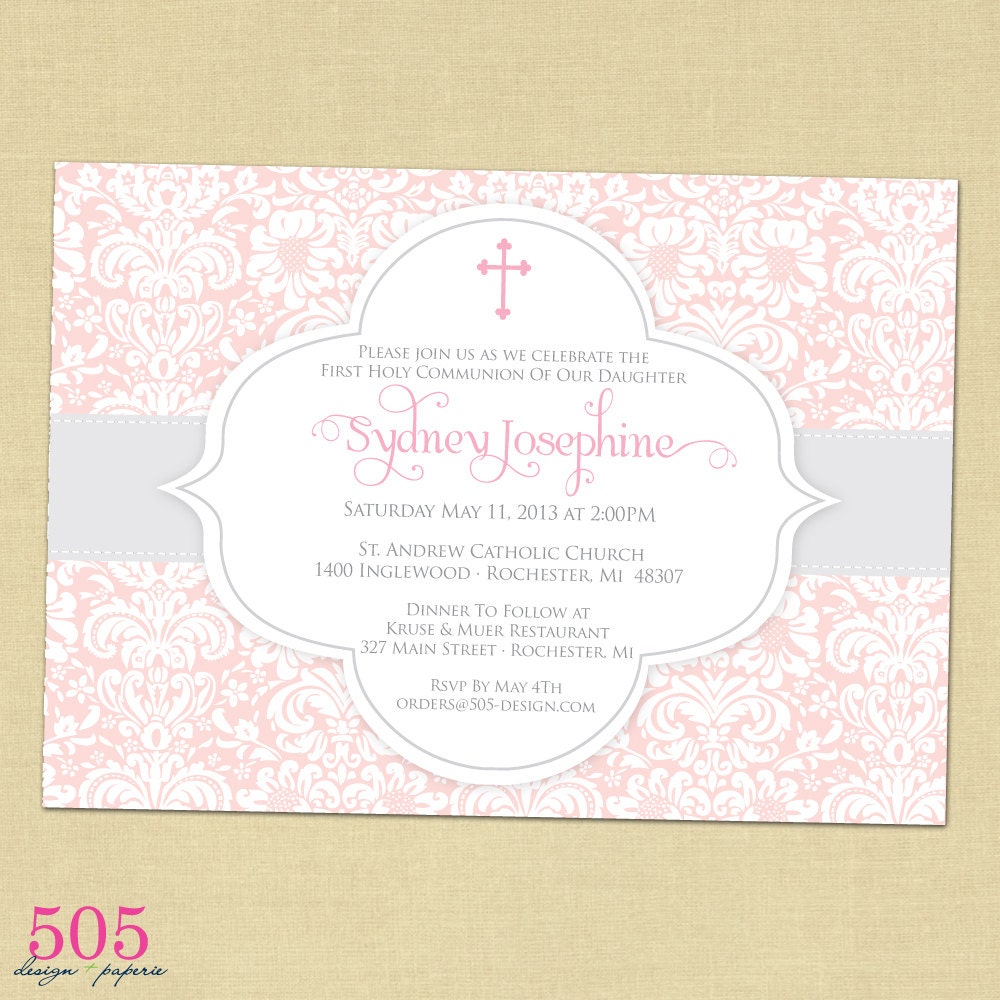 Damask Pink Communion Invitation - Printable File by 505 Design Paperie Il_170x135