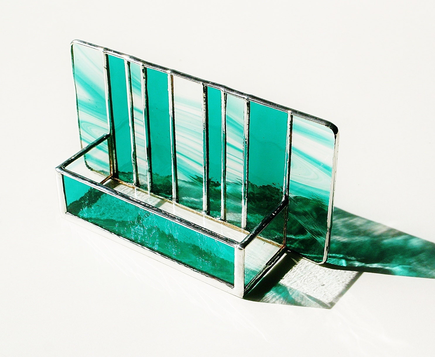 Stained Glass Modern Business Card Holder Teal Blue Green Home Office Decor Contemporary Desk Accessory Unisex Handmade OOAK