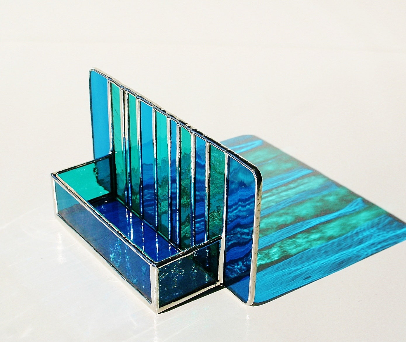 Stained Glass Modern Business Card Holder Teal Green Peacock Blue Turquoise Office Contemporary Desk Accessory Unisex Handmade OOAK