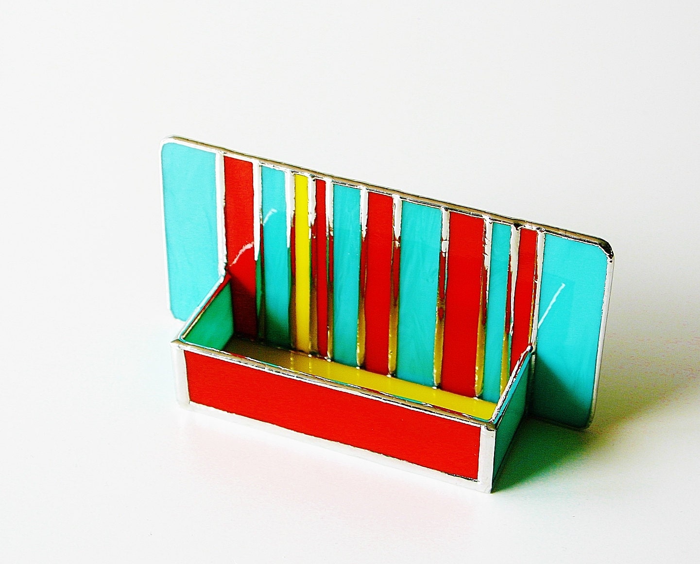 Stained Glass Modern Business Card Holder Retro Colors Turquoise Blue Red Yellow Office Contemporary Desk Accessory Unisex Handmade OOAK