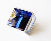Stained Glass Box Indigo Sapphire Blue 2x2 Ring Box w/ Gold Apple Blossom Flower Engagement Wedding Ceremony Ring Bearer Anniversary Gift