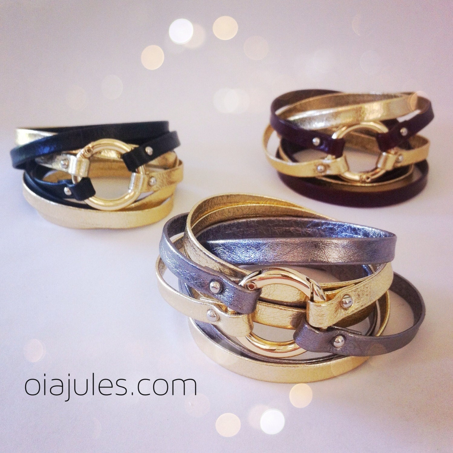 Metallic Leather & Gold Ring Wrap Bracelet