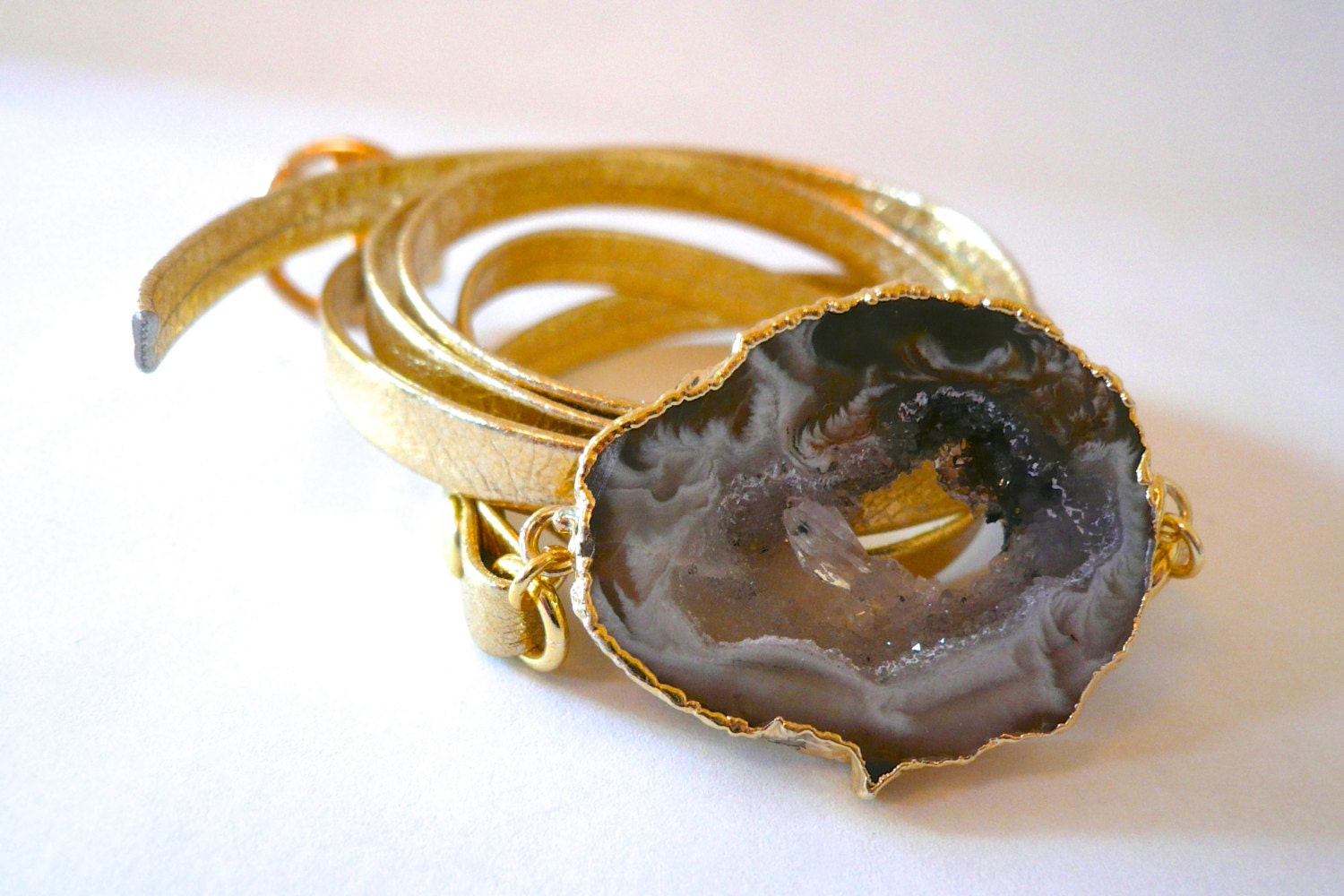 Metallic Gold Leather Wrap Bracelet with 14K gold plated druzy agate