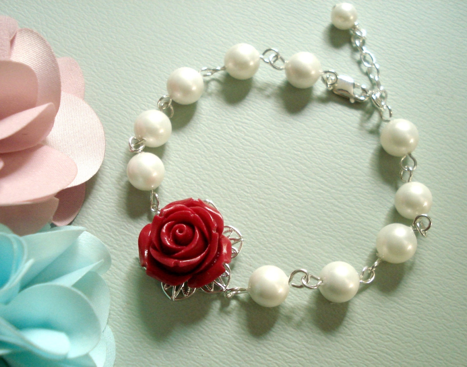 Elegant Bridal Jewelry-Red color Rose Pearl  Bracelet ONLY - Wedding Jewelry, Bridal Jewelry