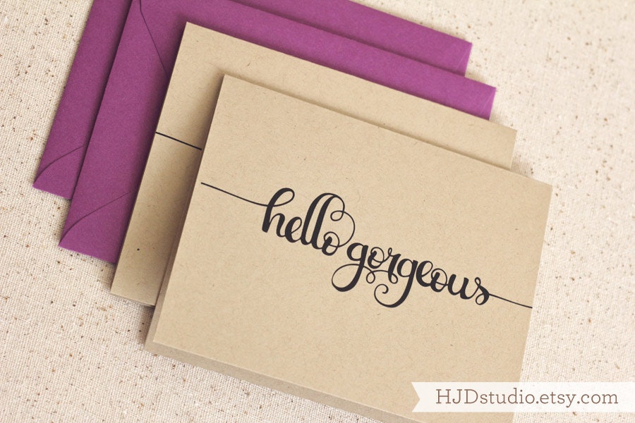 Hello Gorgeous - set of two kraft cards - choose envelope color
