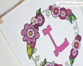 8x10 - Floral monogram name - Art print - Illustration - free color customization