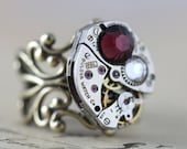 Steampunk Ring - READY TO SHIP Steam Punk Jewelry Burgundy Red Antique Brass Swarovski Crystals  - Handmade by Inspired by Elizabeth