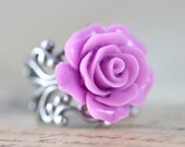Rose Ring Purple Lilac Flower Rings Silver Bridesmaids Gift Wedding Jewelry