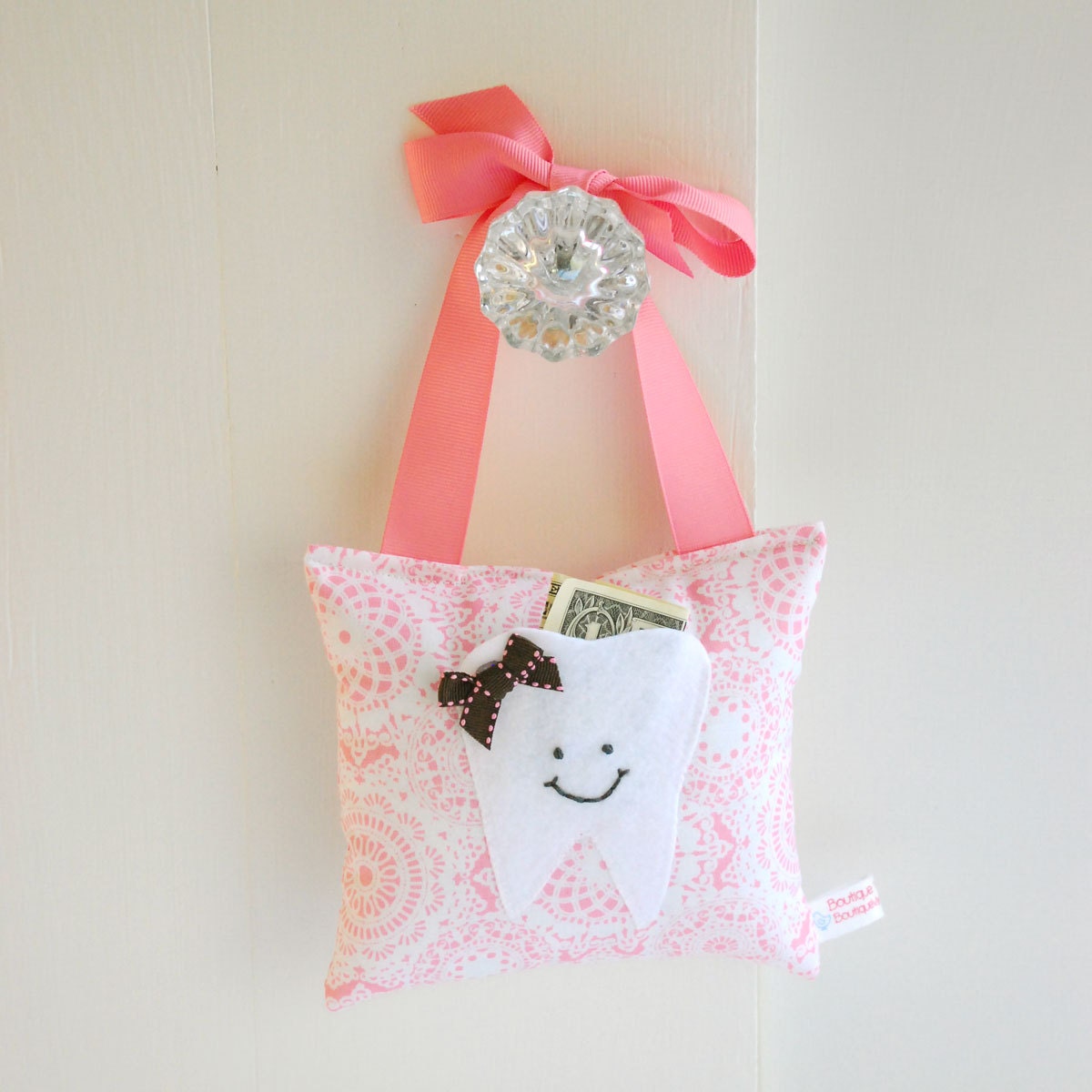Girls Tooth Fairy Pillow in Honeysuckle Pink and White Cottage Chic Doily Print
