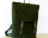 LAST ONE. Melange forest green Wool Backpack, laptop bag, diaper bag with leather closures and 2 front pockets, Design by BagyBags