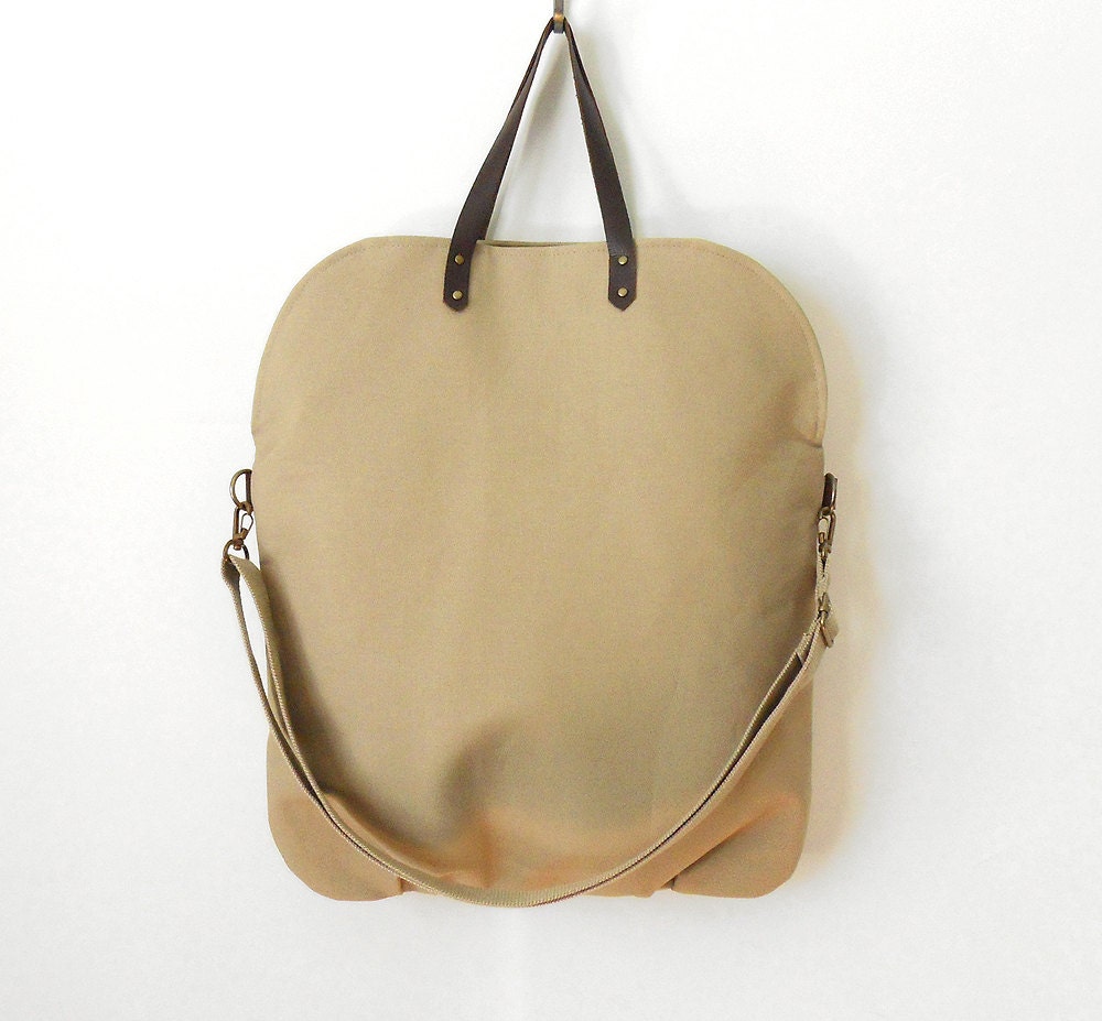 Beige canvas, fold over flap style tote / cross body bag / diaper bag / handbag / attachable strap, leather handle, Design by BagyBags