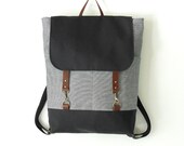 Unisex, Navy stripe denim  backpack with navy canvas flap, laptop bag  with leather closure and front pocket, Design by BagyBags