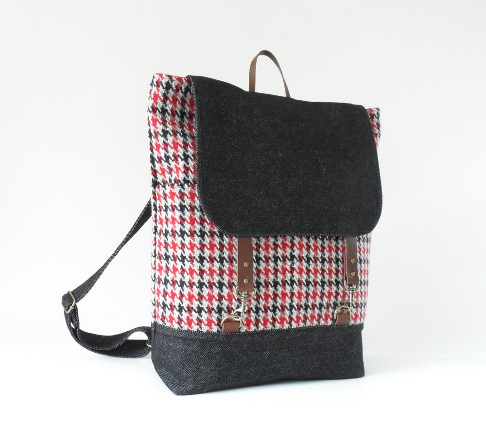 1 LEFT, Red hound navy denimwool  backpack with leather closure and 2 front pockets, featured on FRANKIE,  Design by BagyBags
