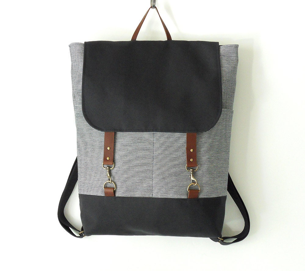 Unisex, Navy stripe denim  backpack with navy canvas flap, laptop bag  with leather closure and front pocket, Design by BagyBags