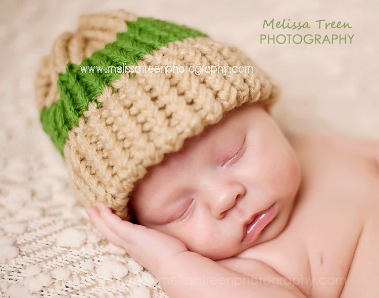 Crochet Baby Hat Neutral Beige Green Stripe Newborn Photography Prop