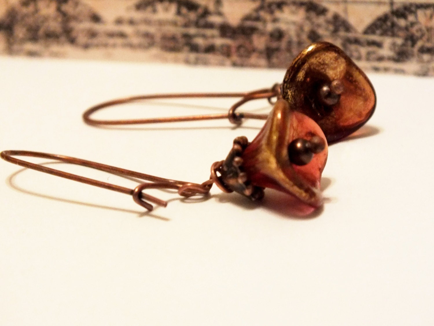 Antique Copper Gold & Mauve Czech Flower Earrings - harmony5