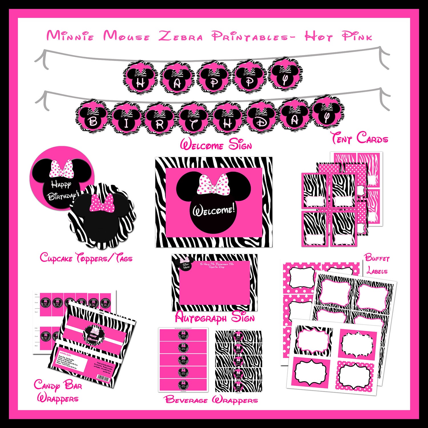 INSTANT DOWNLOAD -50% off - DIY Printable Minnie Mouse Inspired Zebra Birthday Package  -Hot Pink