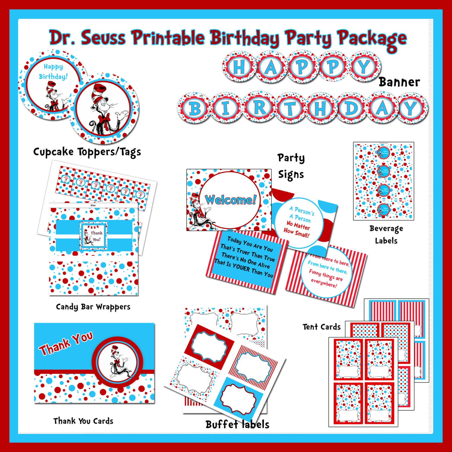 INSTANT DOWNLOAD - Age 1 - 50% off - DIY Printable Dr. Seuss  Birthday Party Package - Cat In The Hat
