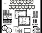 INSTANT DOWNLOAD -50% off - DIY Damask Black, White & Cream Happy Birthday Printable Party Package