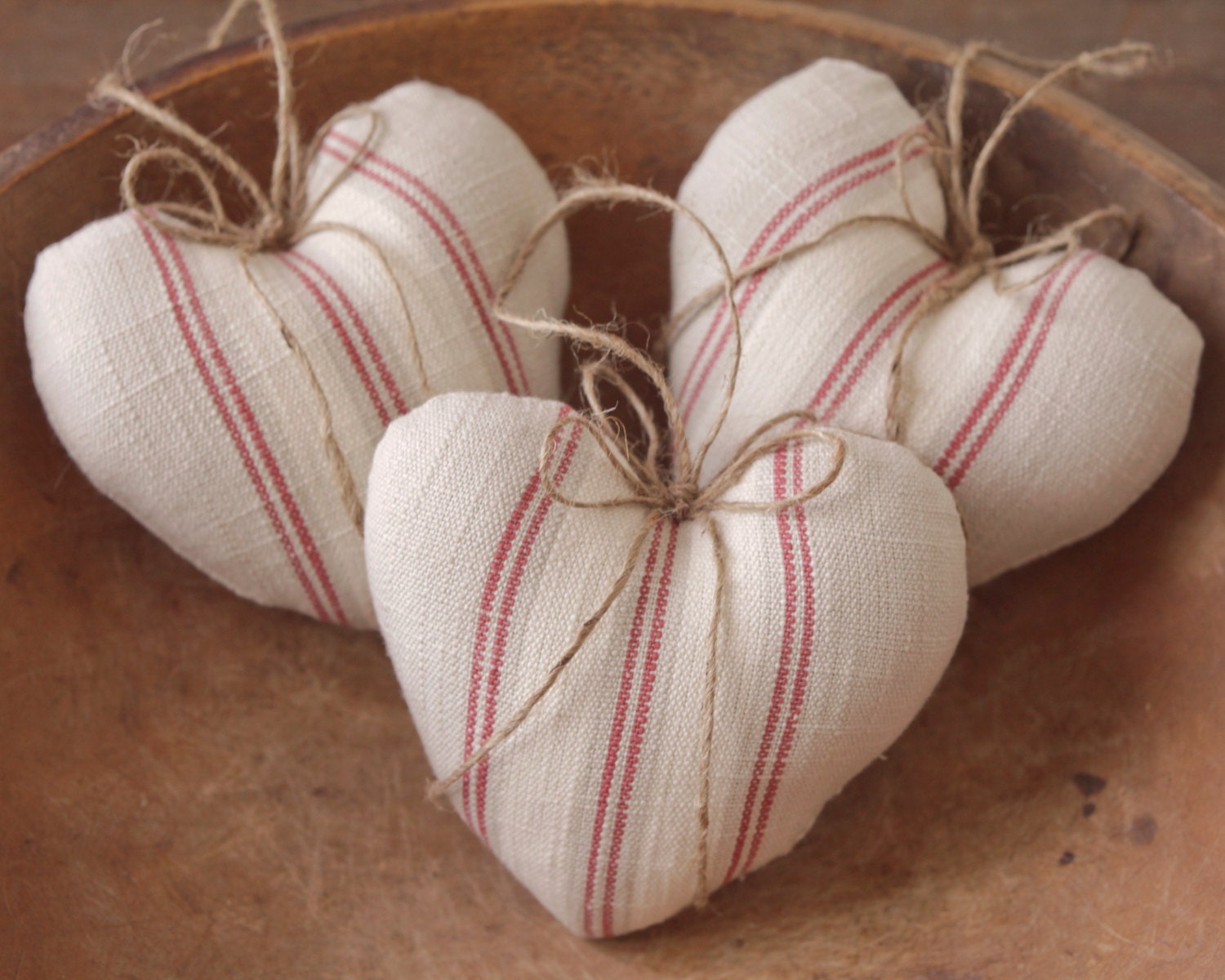 Rustic Heart Ornaments  - Red French Country Stripe Plush Hearts, Set of 3