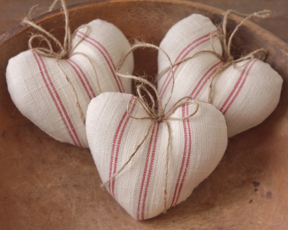 Rustic Heart Ornaments - Red French Country Stripe Plush Hearts, Set of 3