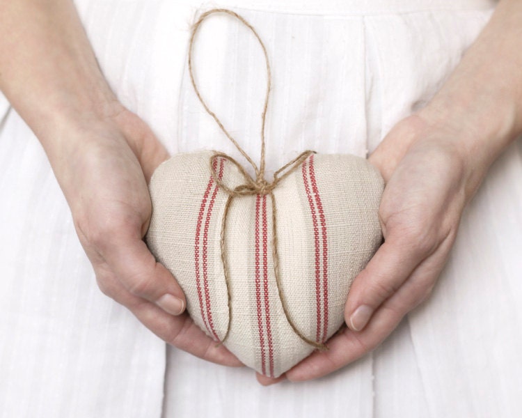 Rustic Heart Ornaments - Red French Country Stripe Plush Hearts, Set of 3
