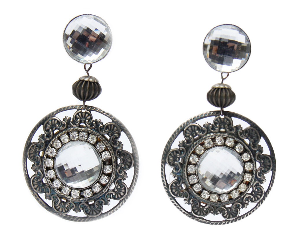1980s Oversized Rhinestone Disc Earrings
