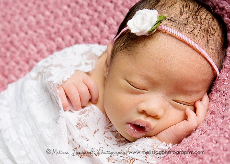 Petite Flower Headband - White Rose on Pink Elastic Hairband - Photo Prop - Newborn Headband - Baby Flower Headband - Toddler Headband -