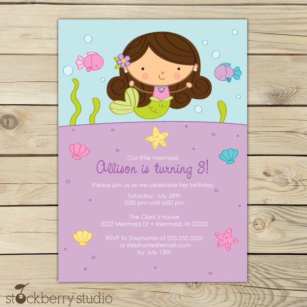 Brunette Mermaid Birthday Party Printable 5x7 Invitation