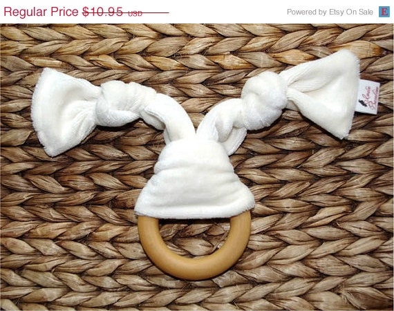 SALE Organic Baby Teether, Wooden Teething Ring with Organic Bamboo Velour