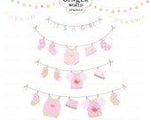 Baby laundry line clip art , pink, baby girl announcement, Baby shower card,  CU  (CA227)