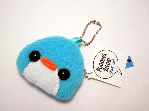 Pudding Bird Plushie Keychain kawaii stuffed toy bag charm in soft blue fleece Penguin Pigeon Crow Turkey Chicken Robin Duck or Bluejay