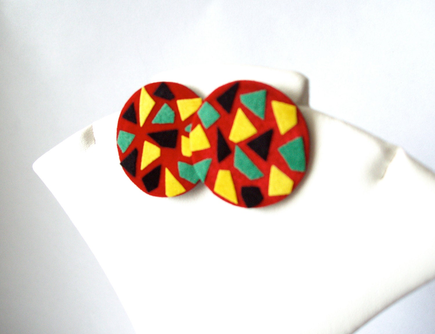 Eco Friendly Red, Green, Yellow, Black Graphic Mosaic Earring Studs