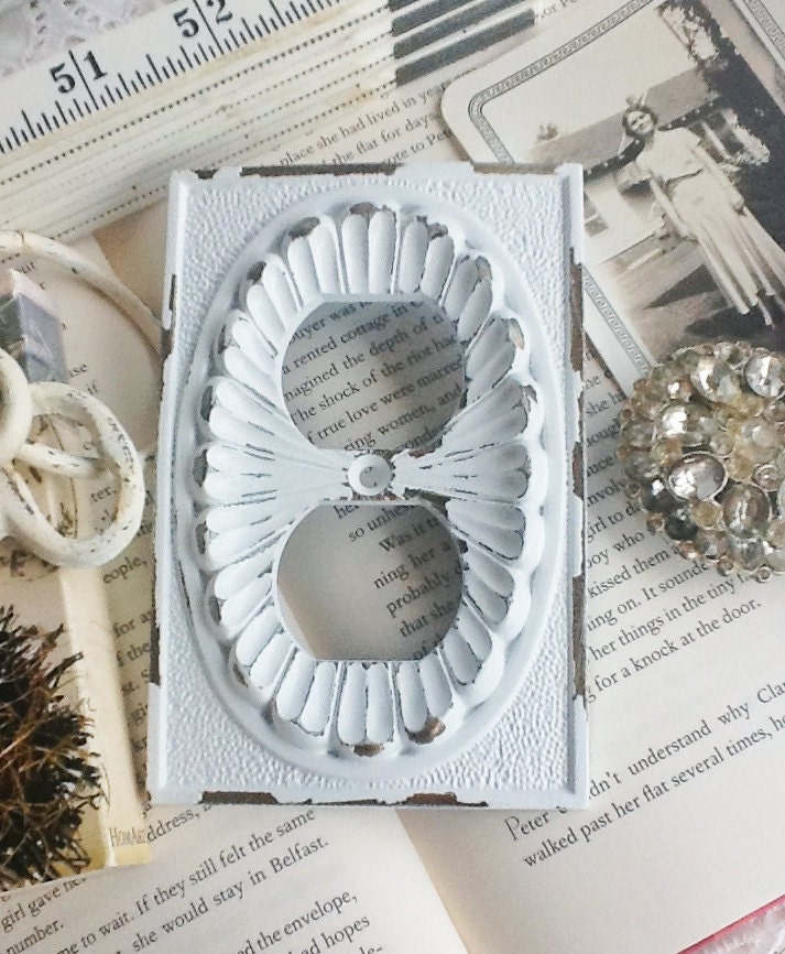 Vintage Metal Wall Decor-Double Socket-In White Shabby Chic-Brass-Vintage-Ornate-Distressed-Seashell-Electrical Switch Plate Cover
