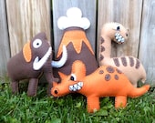 Stuffed Dinosaur PATTERNS - Angry Dinos & Woolly Mammoth - Sew by Hand Plush Felt Softies - Easy to Make