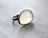 White Moonstone Ring, Snow White Rose Cut Freeform Gemstone Oxidized Sterling Silver Ring - US Size 8 - Phantom
